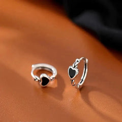 Black Heart 925 Sterling Silver hoop Earrings Silver