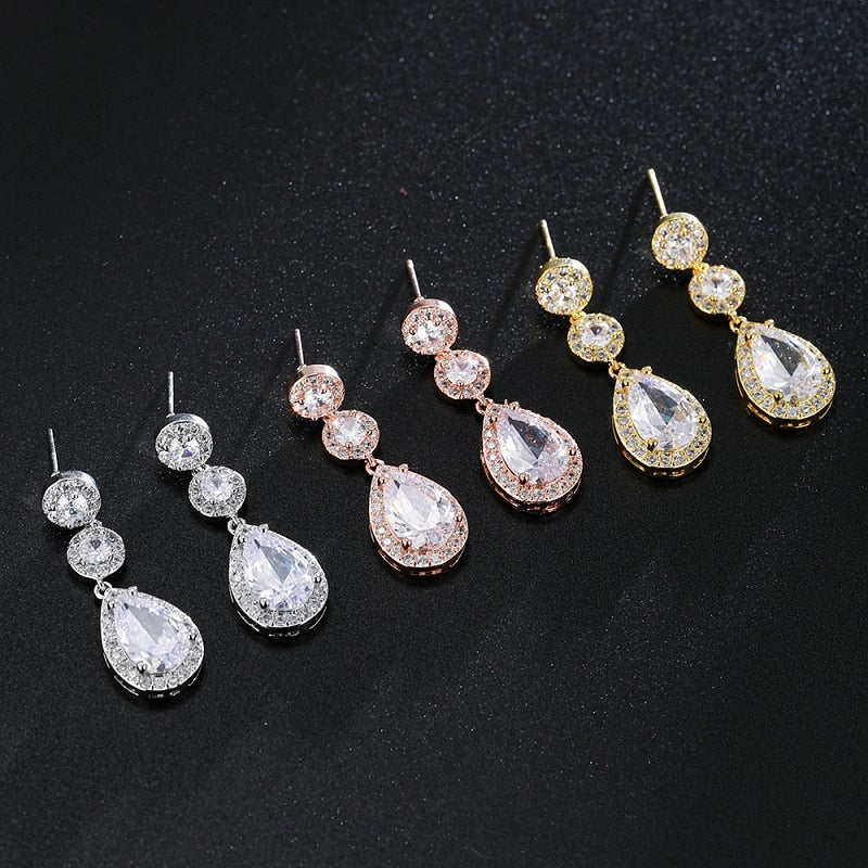 Gold and Silver Clip-On Earrings with Austrian Crystal Teardrop Dangles - Prom & Bridal Chandelier Clip ons