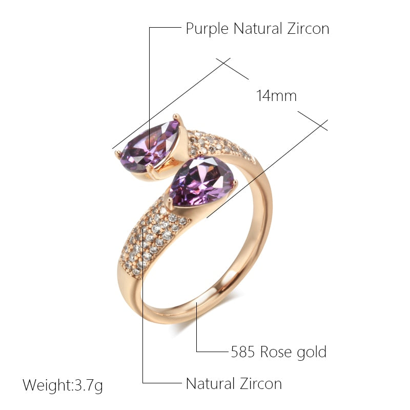 Hot Luxury Purple Natural Zircon Ring For Women 585 Rose Gold Color Open Ring Vintage Wedding Daily Fine Jewelry