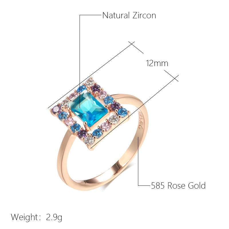 New 585 Rose Gold Color Square Ring for Women Blue Natural Zircon Ethnic Bridal Rings High Quality Daily Jewelry