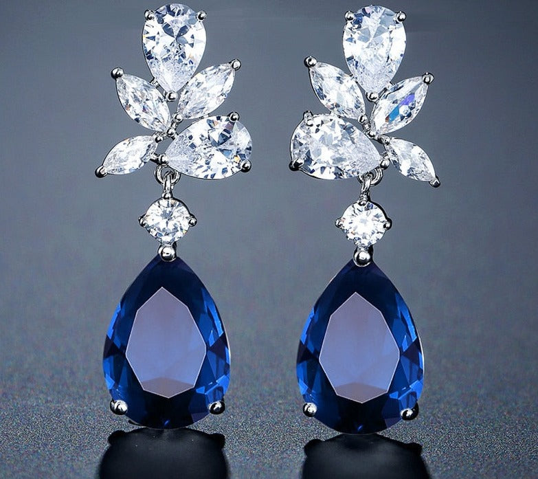 Exquisite Teardrop Cubic Zircon Dangle Earrings for Women Sliver Color Leaf with blue crystal