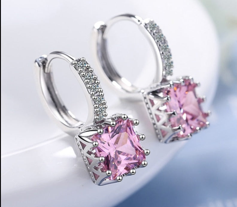 Stamp 925 Silver Needle Princess Crystal Square Drop Earrings For Women Trendy Jewelry