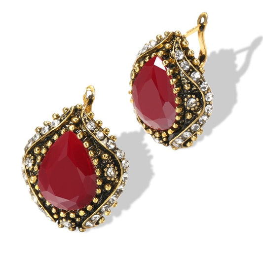 Hot Boho Ethnic Red Crystal Earring For Women Antique Gold Color Turkish Vintage Rhinestone Earrings Wedding Jewelry