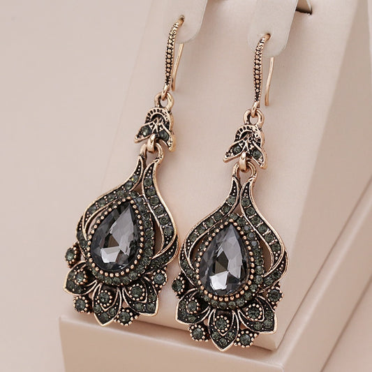 New Luxury Gray Crystal Bridal Earrings For Women Antique Gold Color Beach Party Drop Earrings Vintage Jewelry